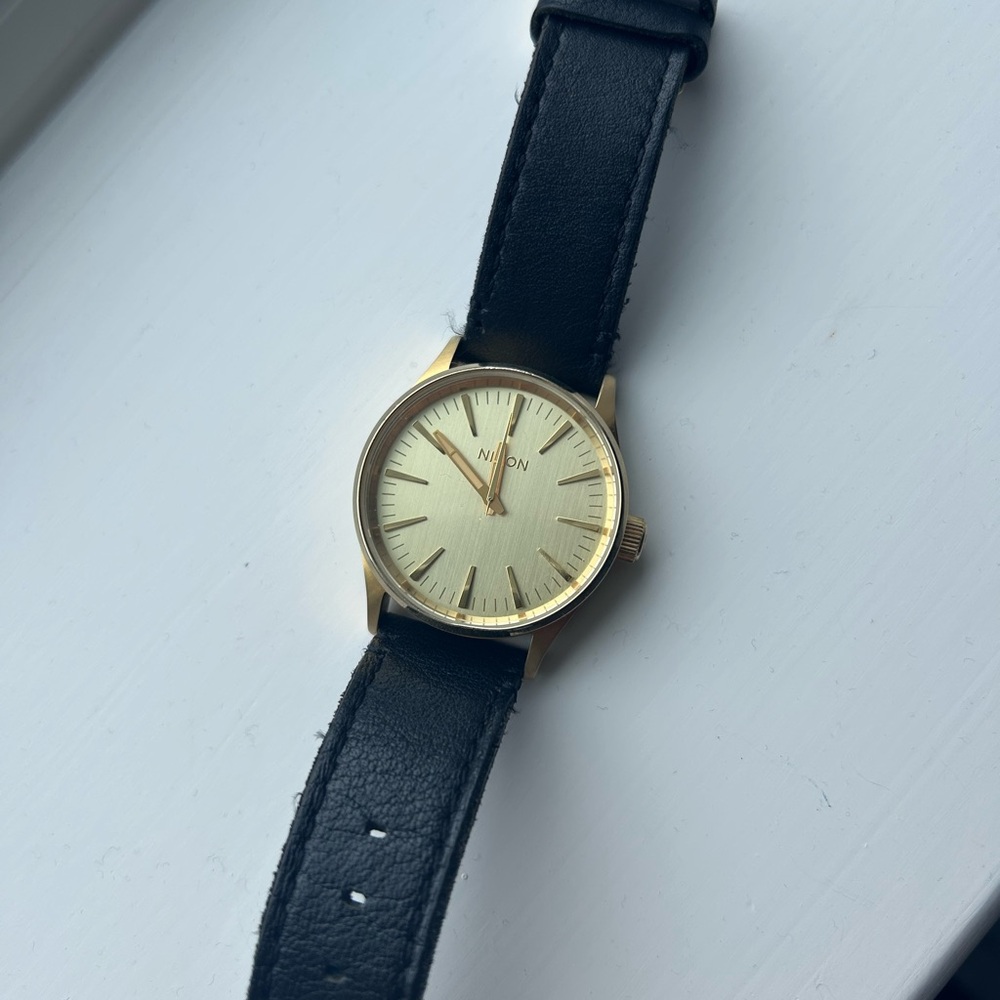Nixon Gold-Tone Case with Black Leather Strap Watch